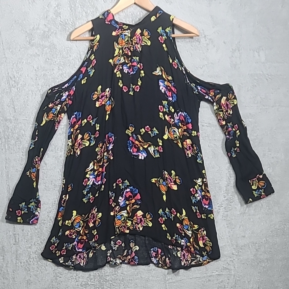 Free People Black Floral Mock Neck Long Sleeve Blouse